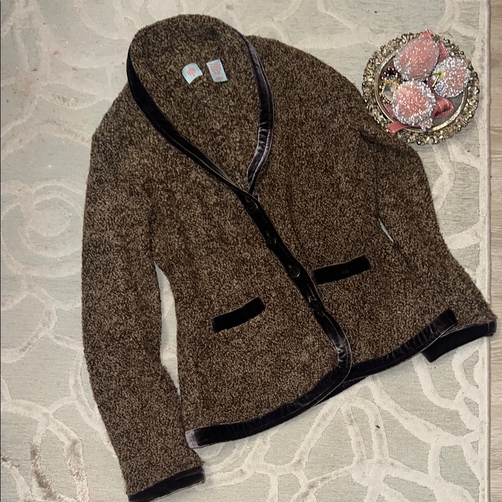 NWOT🌷ANTHROPOLOGIE🌷Brown tweed acrylic wool poly Spandex velvet trim cardigan